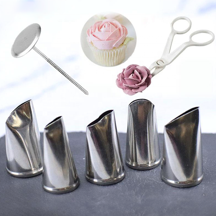 7pcs/set Stainless Steel Rose Petal Cake Piping Nozzle Flower Nail and Plastic Scissors Cake Decorating Tools Set