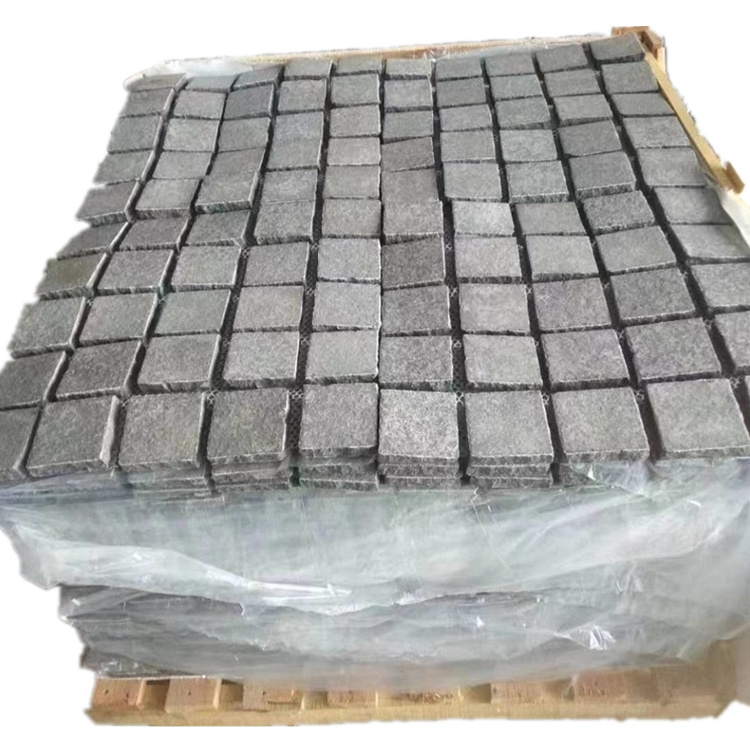 Hot selling Cheap Basalt Flame Brush tiles outdoor driveway cobblestone Black Basalt on mesh paving stone