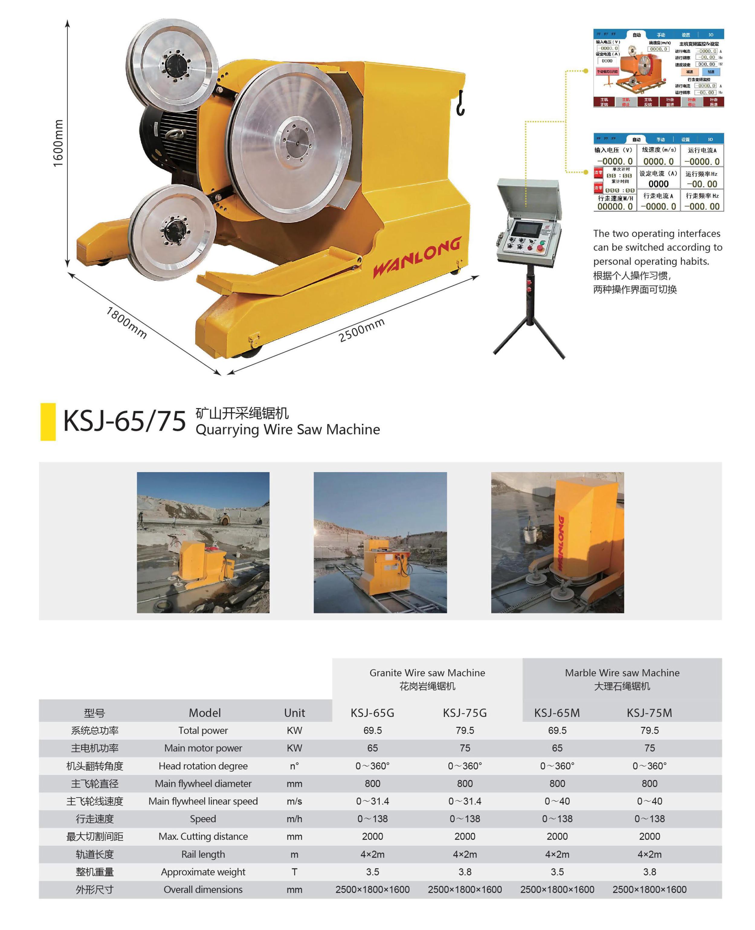 WANLONG KSJ-65/75 marble granite Wire Saw quarrying machine , high output stone  wire saw machine