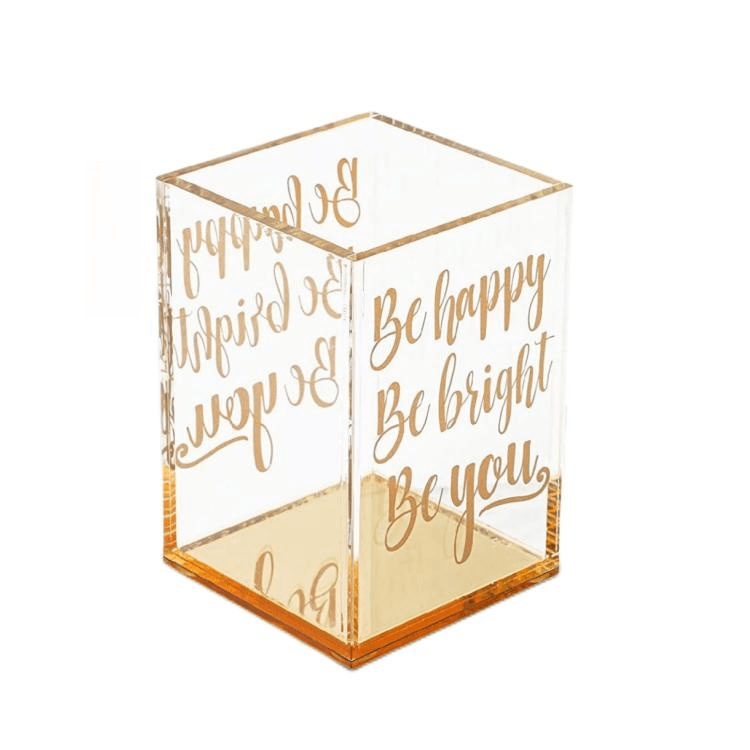 Acrylic Rose Gold Pen Holder Pencil Cup for Desk Organizer with Foil Inspirational Quotes