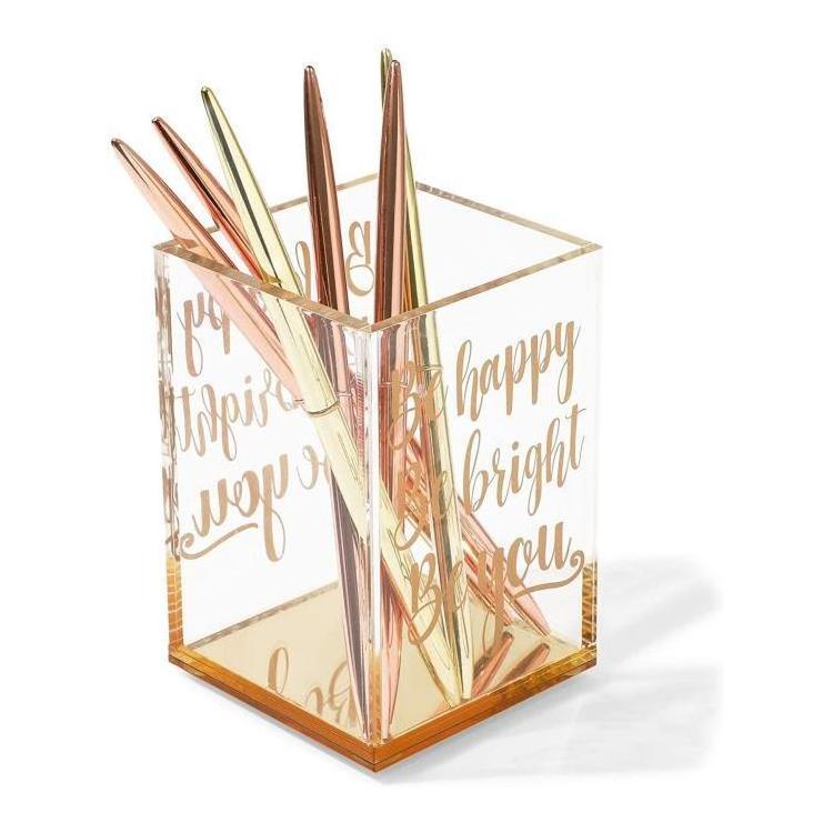 Acrylic Rose Gold Pen Holder Pencil Cup for Desk Organizer with Foil Inspirational Quotes