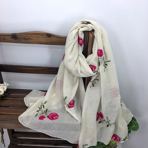 Luxury Long Embroidered Scarf Womens Cotton Scarves Rose Flower Embroidery Scarf Muslin Viscose Hijab 180*90cm