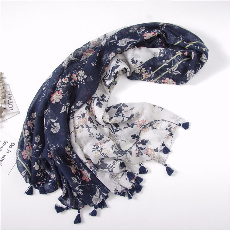 Summer Fashion Women Cotton Voile Floral Flower Print Scarf with Tassel Double Color Long Travel Scarf Shawl