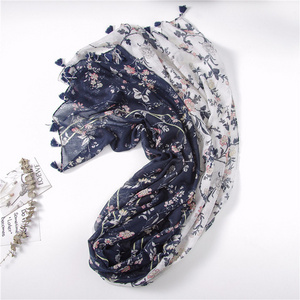 Summer Fashion Women Cotton Voile Floral Flower Print Scarf with Tassel Double Color Long Travel Scarf Shawl