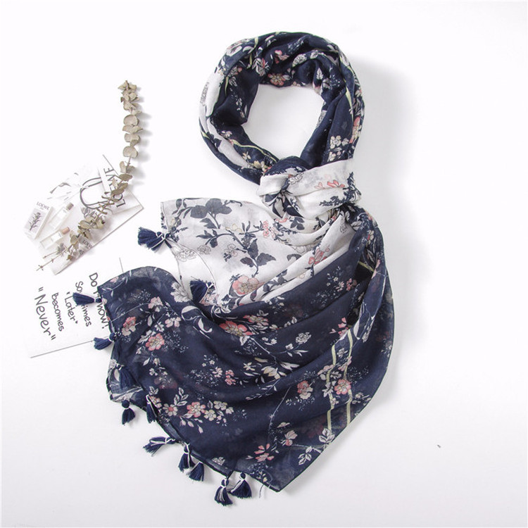 Summer Fashion Women Cotton Voile Floral Flower Print Scarf with Tassel Double Color Long Travel Scarf Shawl