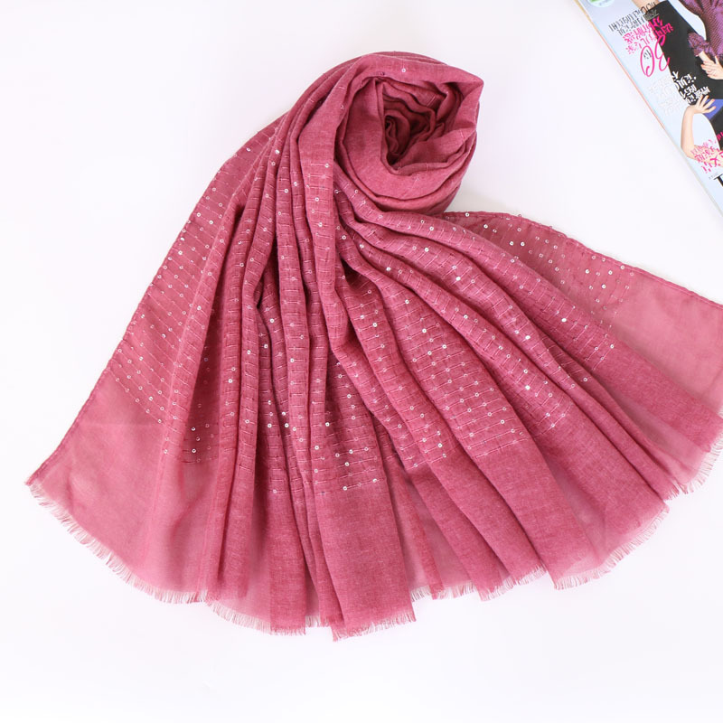 Women's Solid Color Scarves Soft Headband Plain Cotton Muslim Hijab Sequins Shimmer Shawl Glitter Hijab Scarf