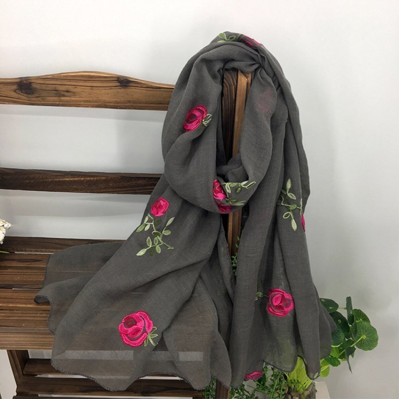 Luxury Long Embroidered Scarf Womens Cotton Scarves Rose Flower Embroidery Scarf Muslin Viscose Hijab 180*90cm