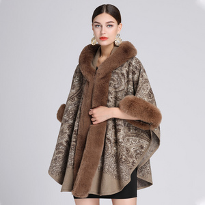 2022 Vintage Winter Clothing Warm Women Faux Fur Collar Cape Stoles Jacquard Oversized Poncho Cape Shawl with Sleeves