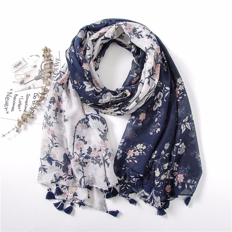 Summer Fashion Women Cotton Voile Floral Flower Print Scarf with Tassel Double Color Long Travel Scarf Shawl