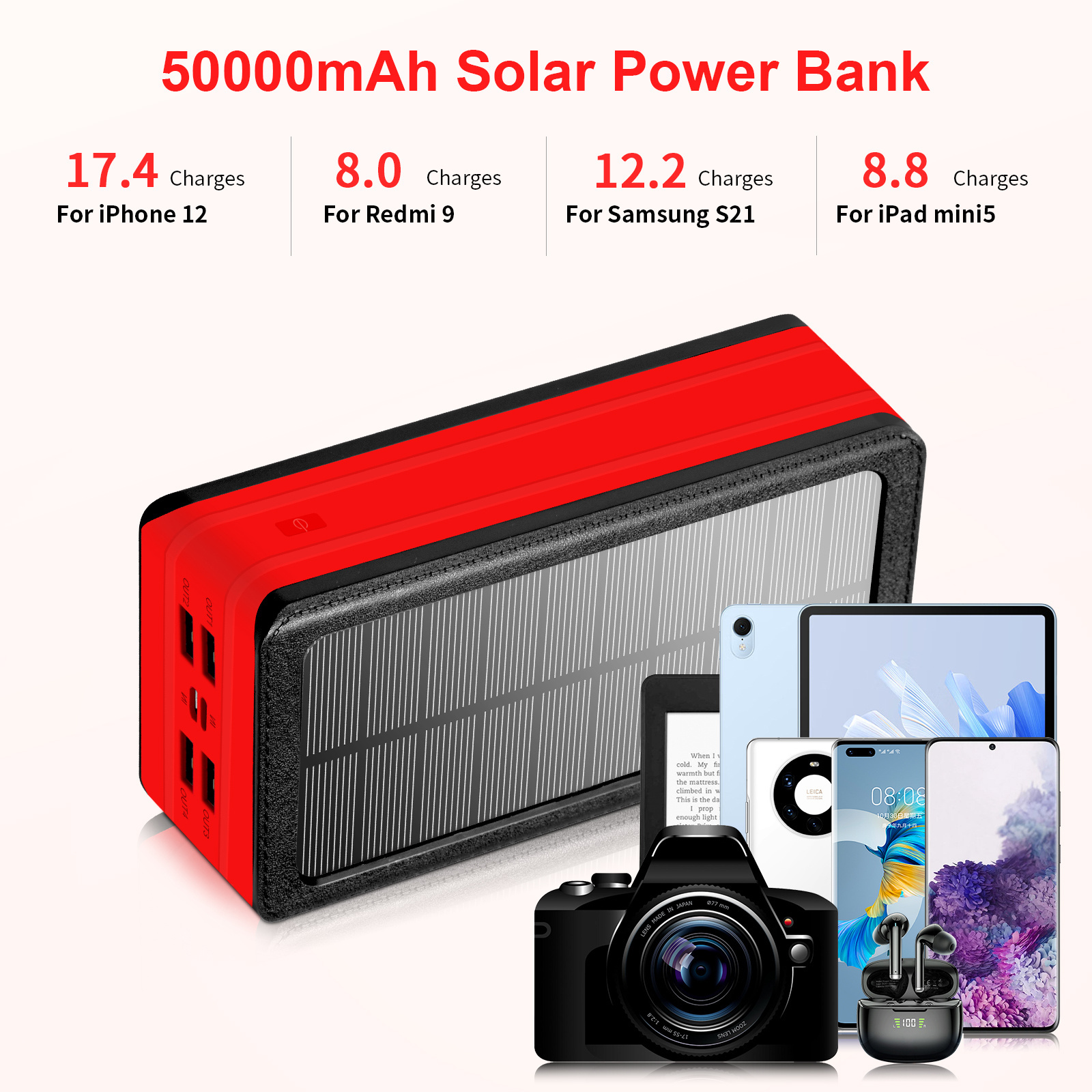 PSOOO 20000mAh 30000mAh 50000mAh Portable Solar Charger IP66 Waterproof Solar Power Bank