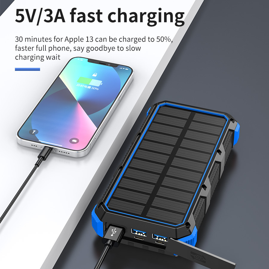 PSOOO New Arrivals Outdoor Fast Charging Mobile Phone Charger 20000mah Powerbank Portable Wireless Solar Power Bank With Cable