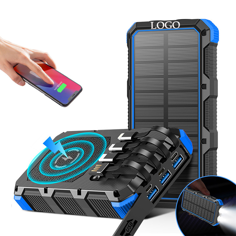 PSOOO New Arrivals Outdoor Fast Charging Mobile Phone Charger 20000mah Powerbank Portable Wireless Solar Power Bank With Cable