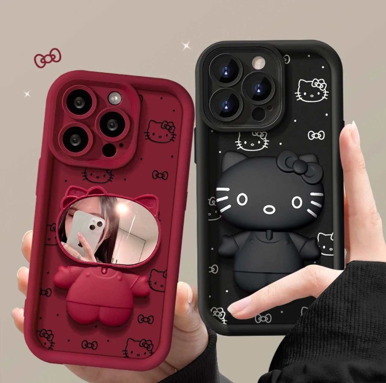 2024 New All Inclusive Kitty kt cat Makeup Mirror Stand Red Soft Phone Case for iphone 11 12 13 14 15 Pro Max Cell Cover