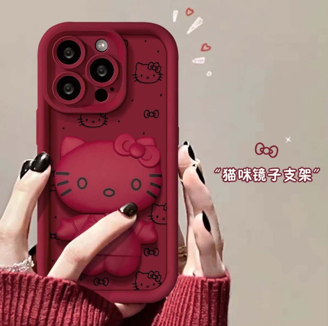 2024 New All Inclusive Kitty kt cat Makeup Mirror Stand Red Soft Phone Case for iphone 11 12 13 14 15 Pro Max Cell Cover