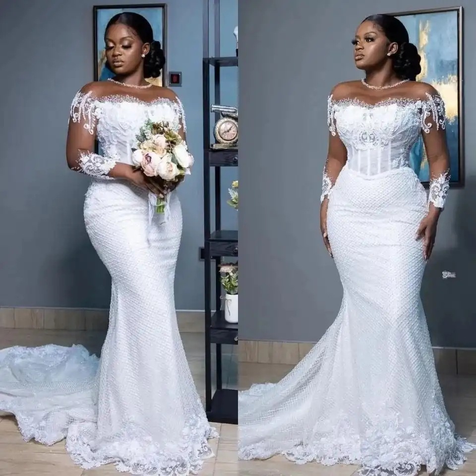 2023 new wedding dress African bride wedding grid lace trailing wedding dress