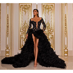 Black Luxury Elegant Evening Dresses Long Sleeves Sequins Appliques Ruffles Hi-Lo Tulle Women Prom Pageant Gowns Custom Made