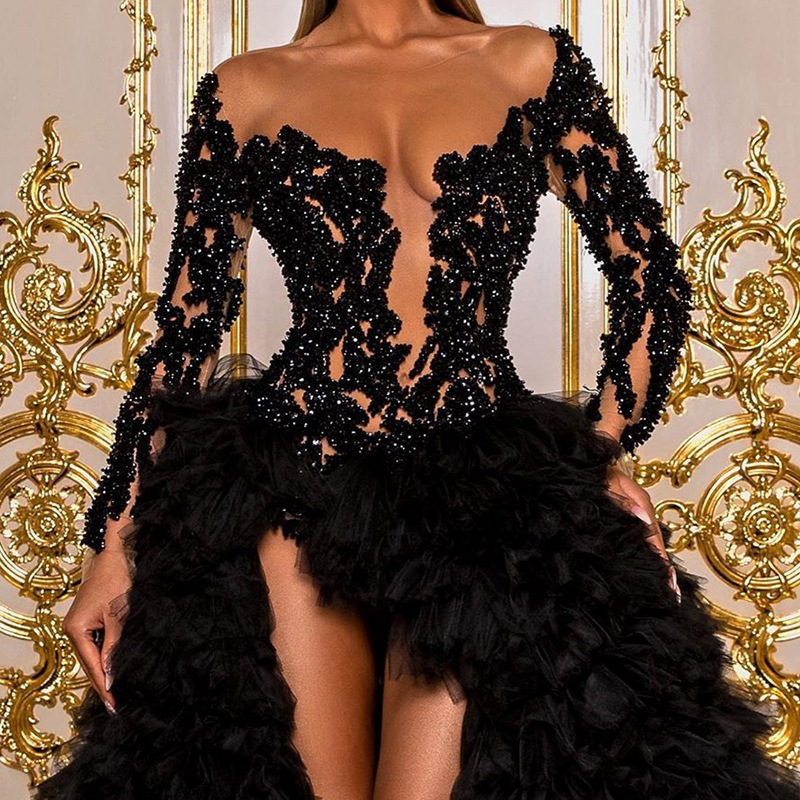 Black Luxury Elegant Evening Dresses Long Sleeves Sequins Appliques Ruffles Hi-Lo Tulle Women Prom Pageant Gowns Custom Made