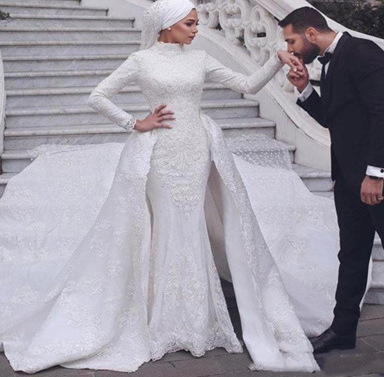 2022 new long-sleeved round neck Muslim detachable trailing wedding dress