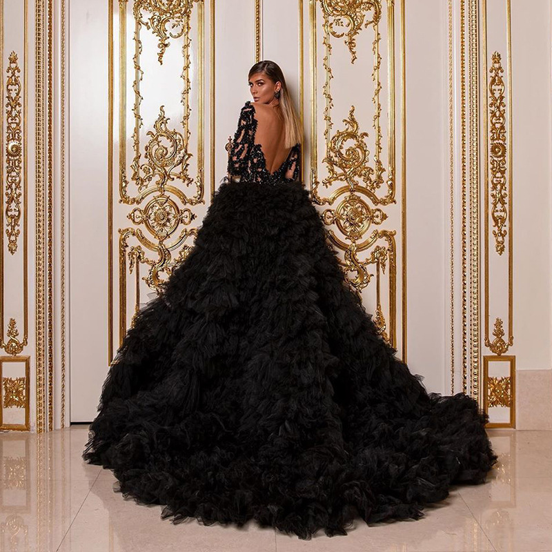 Black Luxury Elegant Evening Dresses Long Sleeves Sequins Appliques Ruffles Hi-Lo Tulle Women Prom Pageant Gowns Custom Made