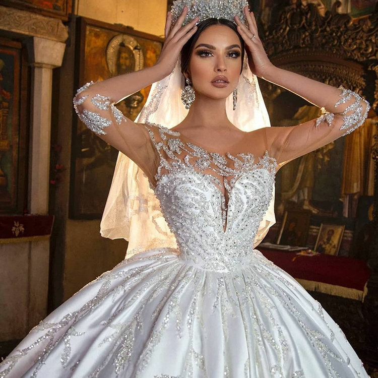 Custom Made Retro A Line Wedding Dresses Beading Sequins Long Sleeve Satinwedding Dress Bridal Gown For Women