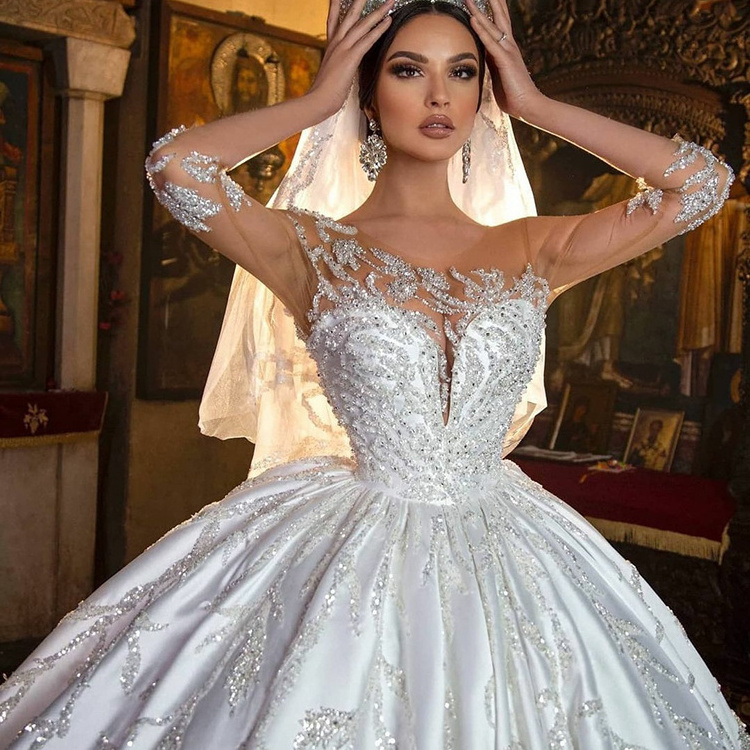 Custom Made Retro A Line Wedding Dresses Beading Sequins Long Sleeve Satinwedding Dress Bridal Gown For Women