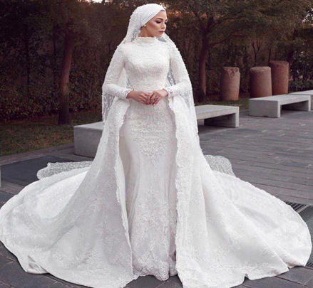 2022 new long-sleeved round neck Muslim detachable trailing wedding dress