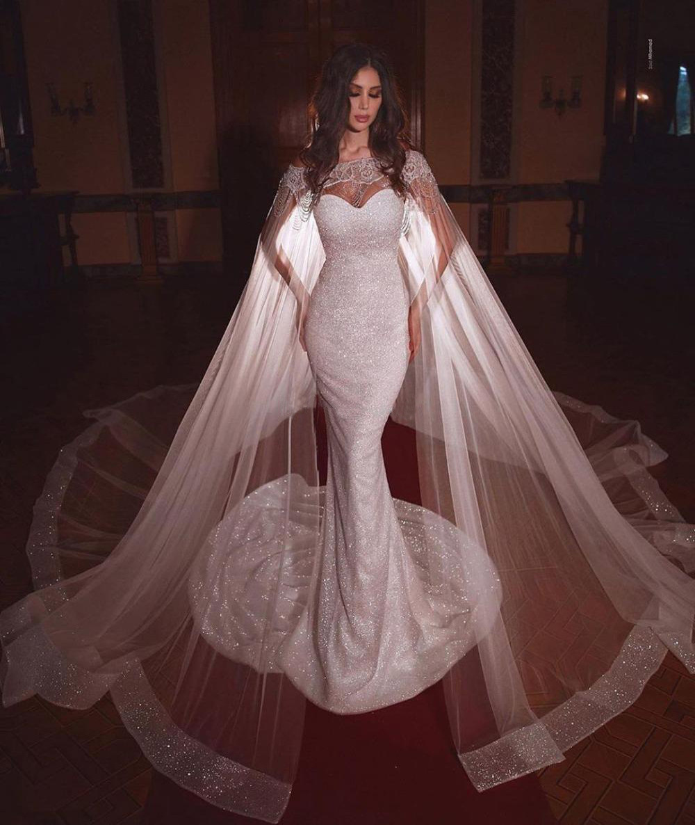 One-shoulder shawl wind spray silver mermaid wedding dress handmade beaded fringed shawl wedding dress