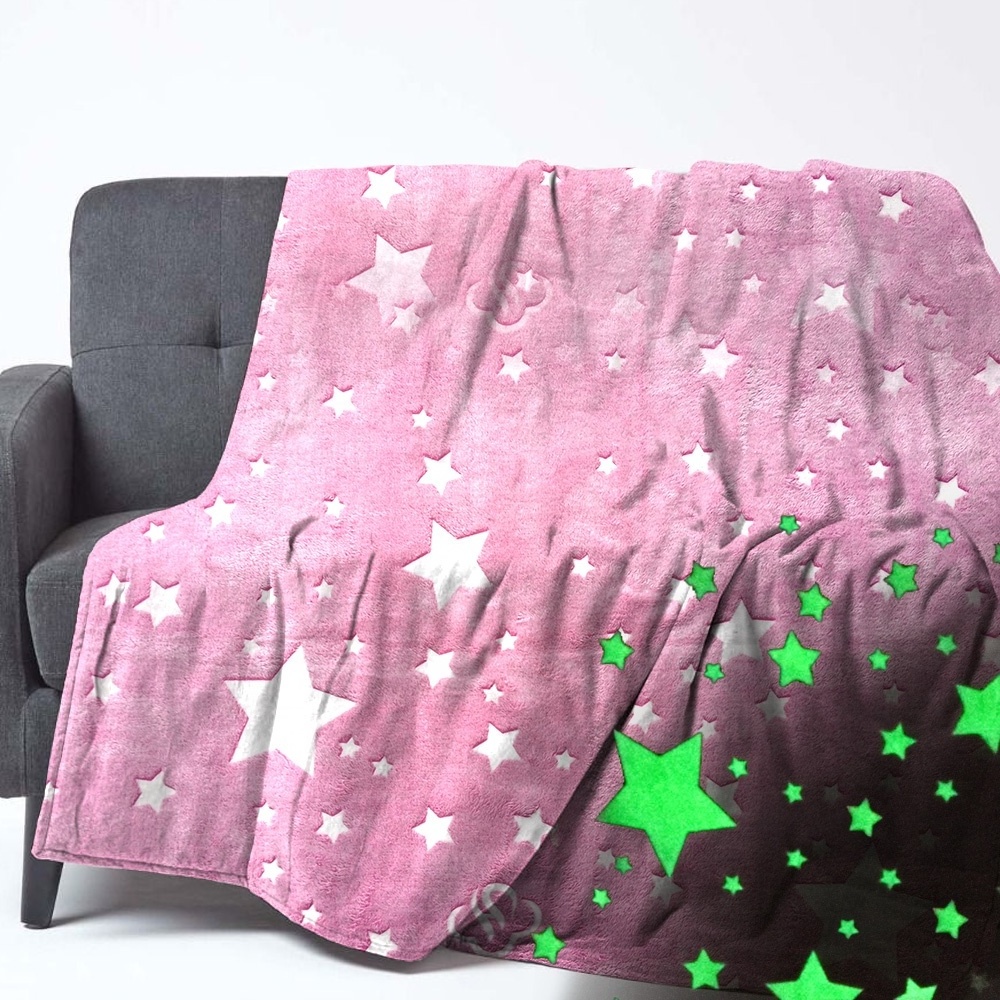 Pink Stars Pattern Single Side Soft Flannel Fleece Blanket Luminous Glow In The Dark Kids Throw Blanket