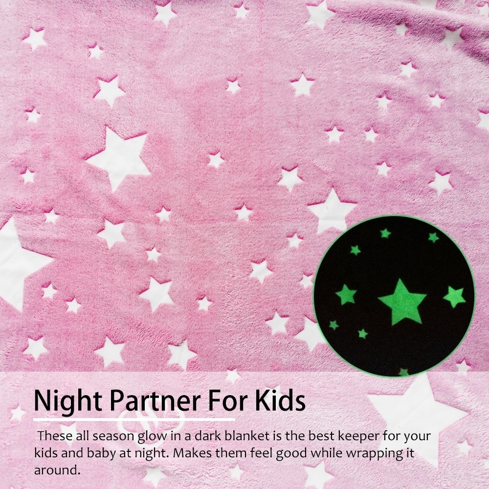 Pink Stars Pattern Single Side Soft Flannel Fleece Blanket Luminous Glow In The Dark Kids Throw Blanket