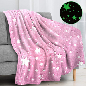 Pink Stars Pattern Single Side Soft Flannel Fleece Blanket Luminous Glow In The Dark Kids Throw Blanket