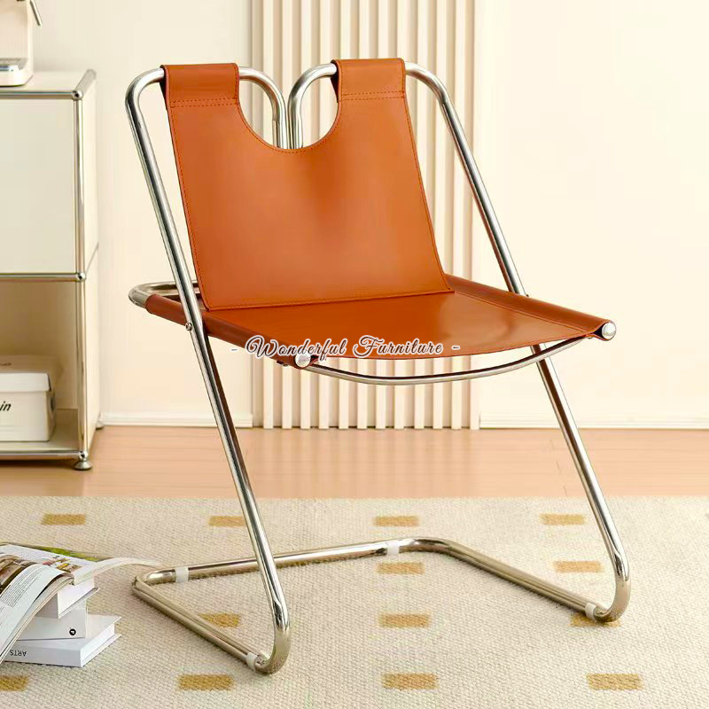 Nordic Simple Dining Room Clearance Saddle Leather Dining Chair Stainless Steel Chair