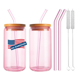 USA Warehouse 500ml 16oz Colored Pink Sublimation Beer Can Shaped Glass Cup With Bamboo Lid And Pink Glass Straw