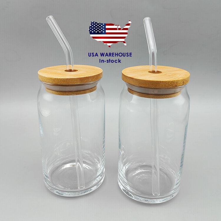 Usa Warehouse Custom Uv Vinyl Printing Frosted Clear 20 16 Oz Libbey Beer Can Shape Glass with Bamboo Lid and Glass Straw