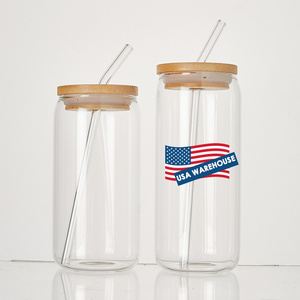 USA Warehouse Reusable Customizable Clear 16 20 OZ Soda Coffee Beer Can Drinking Glasses Cup with Bamboo Lid and Glass Straws