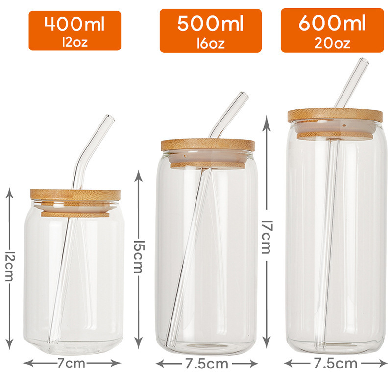 USA Warehouse Reusable Customizable Clear 16 20 OZ Soda Coffee Beer Can Drinking Glasses Cup with Bamboo Lid and Glass Straws