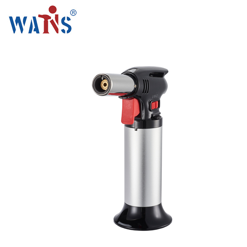 Portable custom kitchen torch for baking creme brulee with a butane flame torch lighter