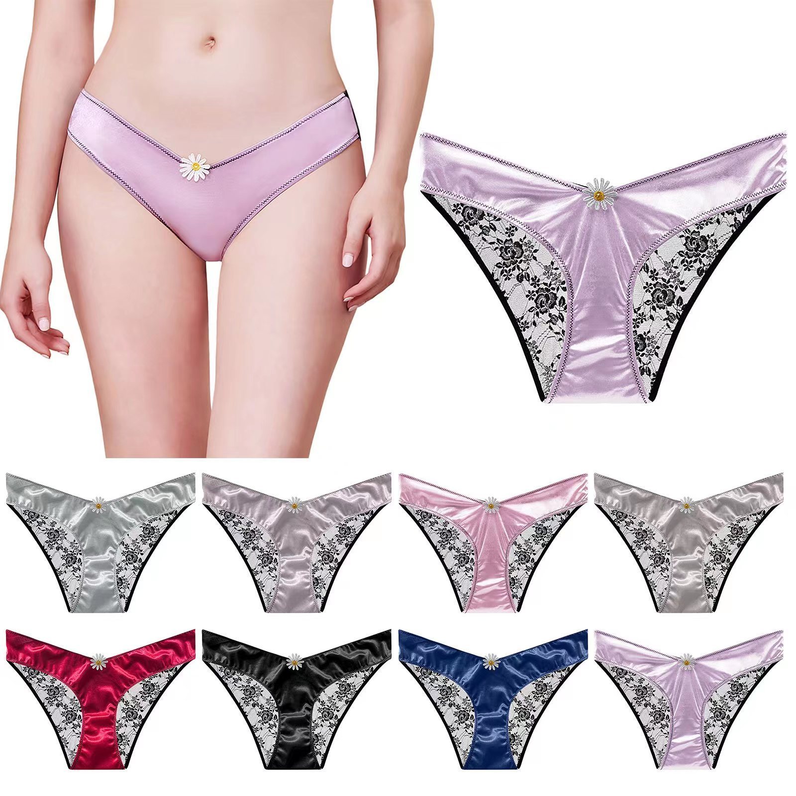 Satin Luxury Style Women Sexy Low Waist V Shape Lace Flower Underwear Breathable High Stretch Soft Panties