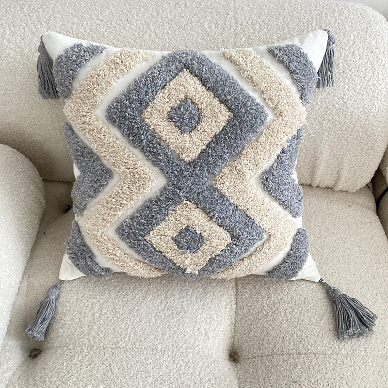 Gray Geometry Nordic Boho Bohemian 18x18 inch Tufted Cotton Linen Pillowcase Office Cushion Cover Sofa Boho Pillow Case