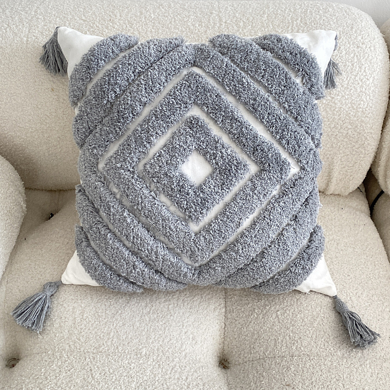 Gray Geometry Nordic Boho Bohemian 18x18 inch Tufted Cotton Linen Pillowcase Office Cushion Cover Sofa Boho Pillow Case