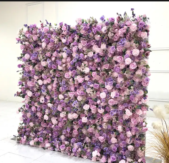 New Product Odorless Silk Floral Wedding Background Purple Backdrop Artificial Flower Roll Up Flower Wall