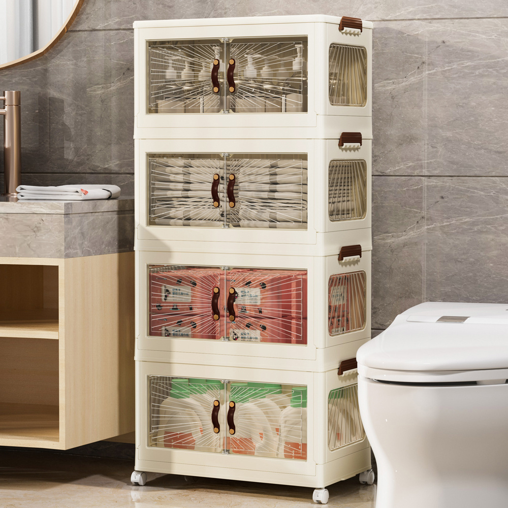 Stackable Shoe Cabinet Closet Pantry Organizer wheels Plastic Storage Bins with Lids Foldable Box Collapsible Container