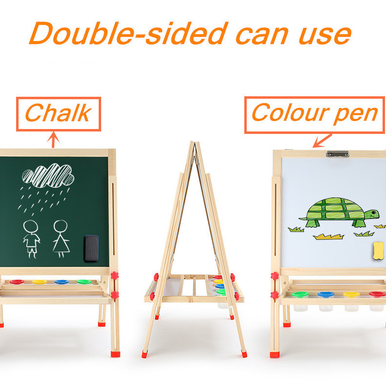 Wooden children kids drawing board easel set double-sided magnetic small blackboard bracket type retractable baby painting board