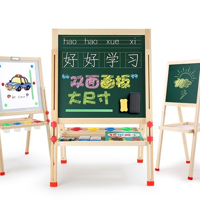 Wooden children kids drawing board easel set double-sided magnetic small blackboard bracket type retractable baby painting board