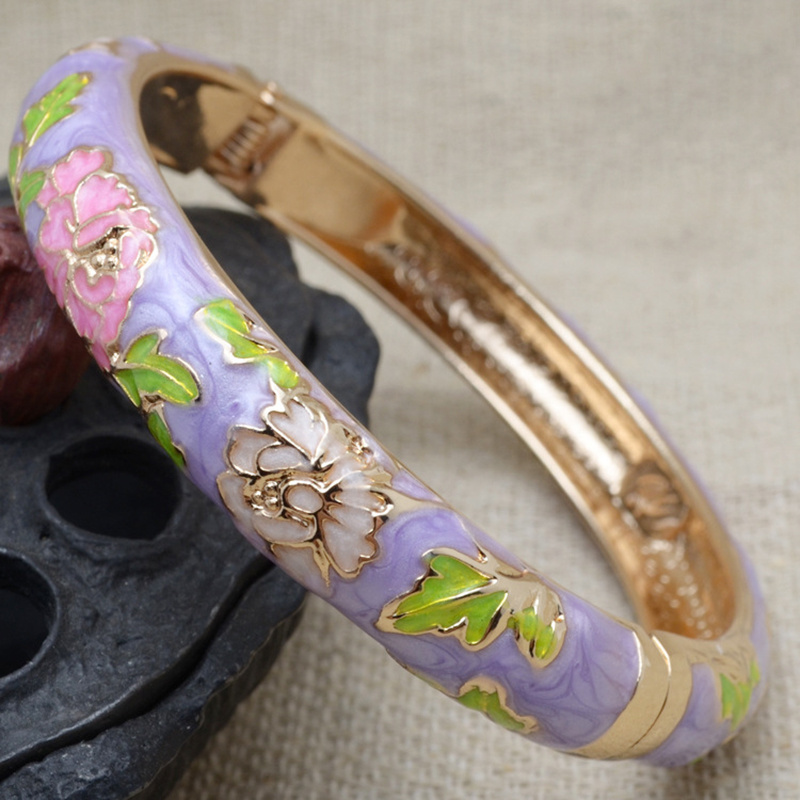 Beijing Cloisonne Peony Flower Fashion Vintage Court Gold Plated Bracelet Jewelry