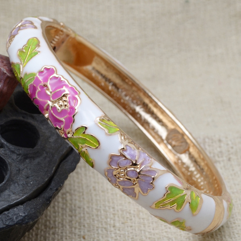 Beijing Cloisonne Peony Flower Fashion Vintage Court Gold Plated Bracelet Jewelry