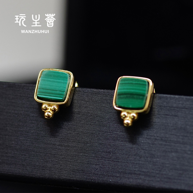 Luxury fine jewelry natural malachite 925 silver 18k gold plated earrings