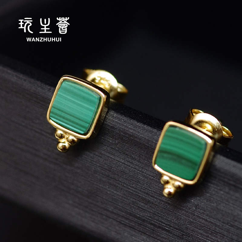 Luxury fine jewelry natural malachite 925 silver 18k gold plated earrings