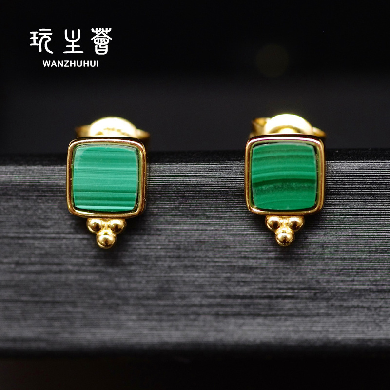 Luxury fine jewelry natural malachite 925 silver 18k gold plated earrings