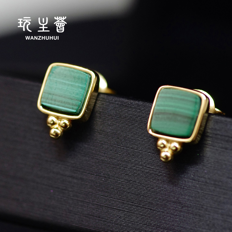 Luxury fine jewelry natural malachite 925 silver 18k gold plated earrings