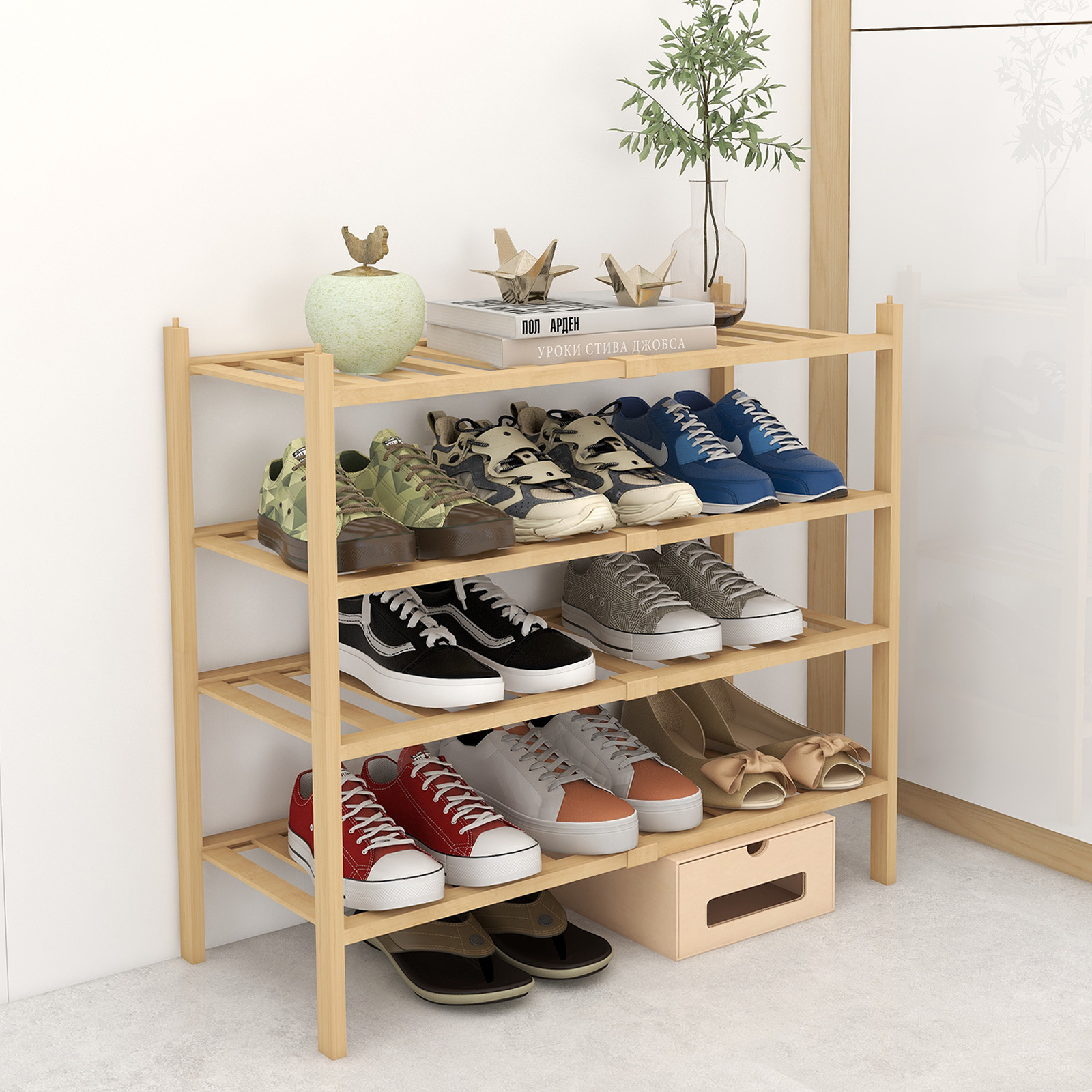 Customize 4-Tier Standing Shoe Racks & Stands Black Wooden Bamboo Stackable Storage Organizer Shoe Shelf